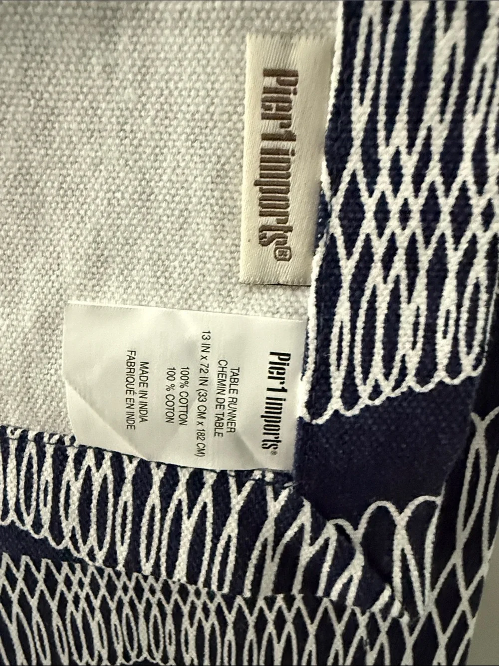 Navy and White Patterned Table Runners- 13.5”x74”ea. Fun for patio, dining table